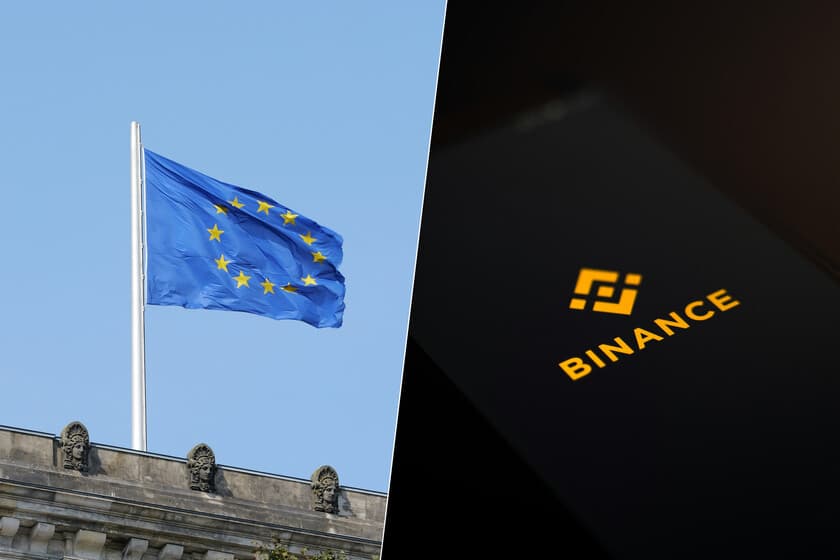 Pantalla de Binance con un sello de aprobación roto y un juez de la UE al fondo
