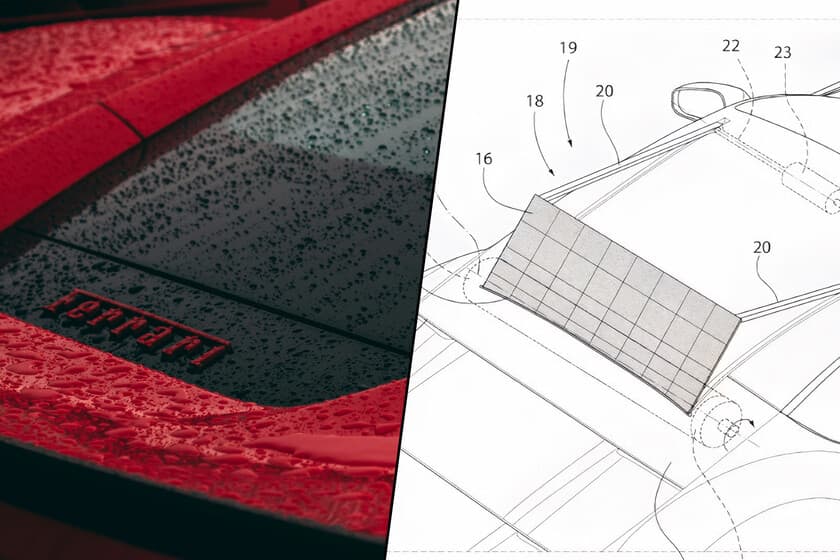 Coche Ferrari eléctrico aparcado bajo el sol, con paneles solares integrados en el techo y capó.