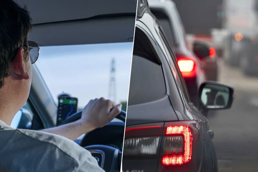Coche en carretera con luces de freno encendidas, vista trasera