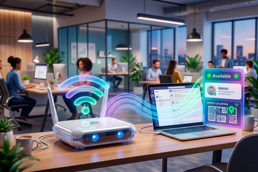 Persona con laptop en oficina, con icono de WiFi y logo de Teams superpuestos