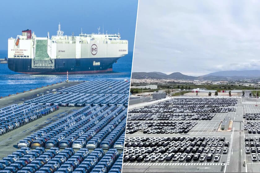 Puerto europeo atestado de miles de coches chinos nuevos estacionados en filas interminables