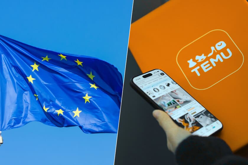 Paquete de compra online con etiqueta de aduana y monedas de euro sobre fondo gris